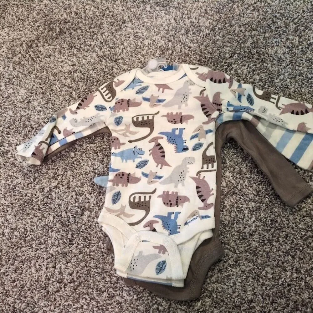 Gerber 3-Pack Long Sleeve Onesies Bodysuits (0-3M) Dinosaur Stripes Boy